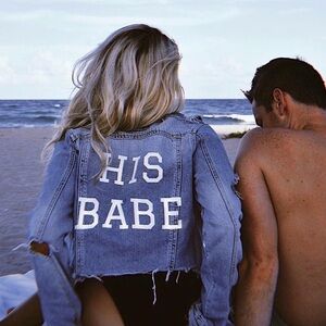 Blue Denim Jacket with 'His Babe' Print